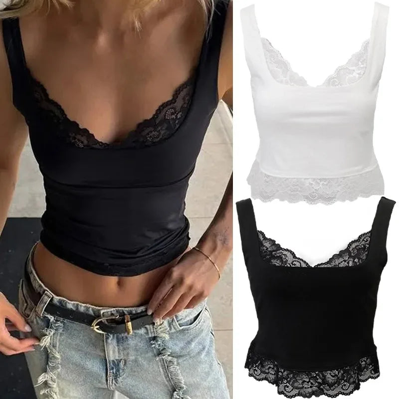 Women’s Y2K Lace Trim Crop Top – Sleeveless V-Neck Backless Skinny Camisole Streetwear Summer Tank Vest