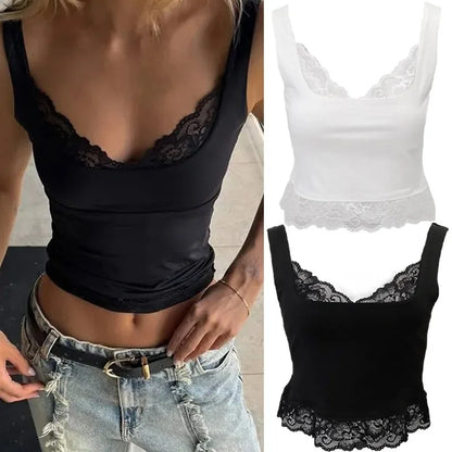 Women’s Y2K Lace Trim Crop Top – Sleeveless V-Neck Backless Skinny Camisole Streetwear Summer Tank Vest