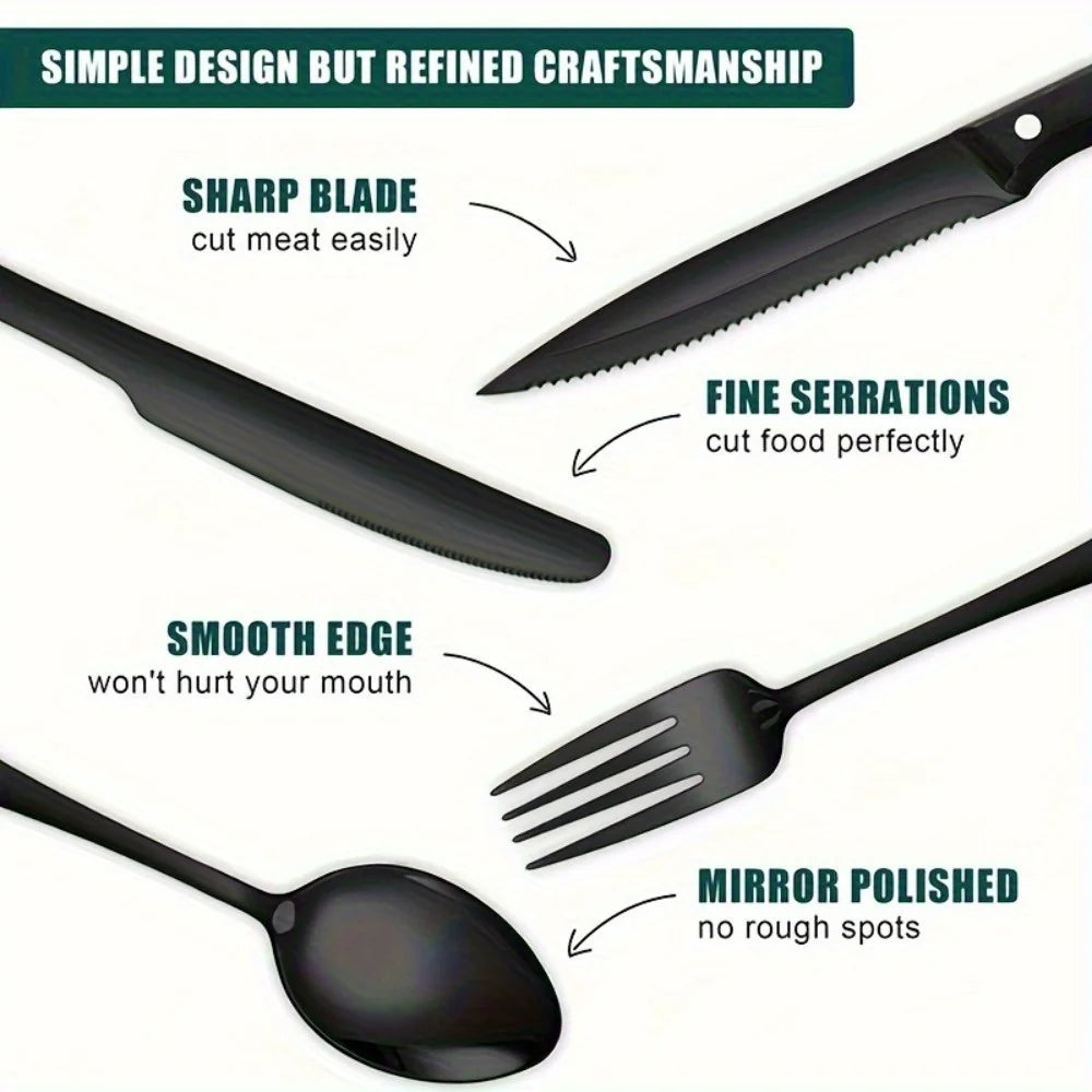 36-Piece Black Silverware Set with Steak Knives – Food-Grade Stainless Steel Flatware & Tableware Cutlery Set