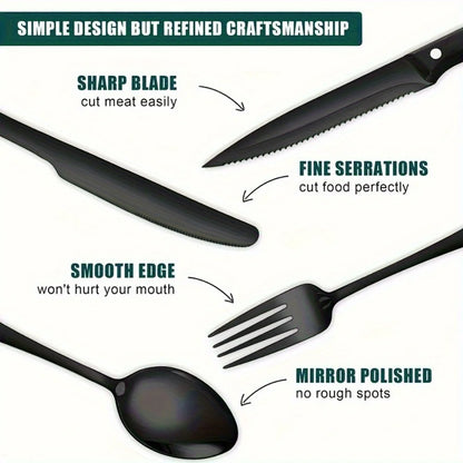 36-Piece Black Silverware Set with Steak Knives – Food-Grade Stainless Steel Flatware & Tableware Cutlery Set