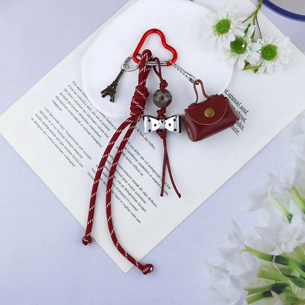 Y2K Leather Rope Keychain with Cherry Bow – Cute 3D Heart Bag Pendant Cartoon Keyring & Anti-Lost Phone Lanyard