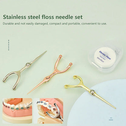 Stainless Steel Toothpick & Dental Floss Holder Set – Reusable Y-Shape Eco-Friendly Teeth Cleaning Tool