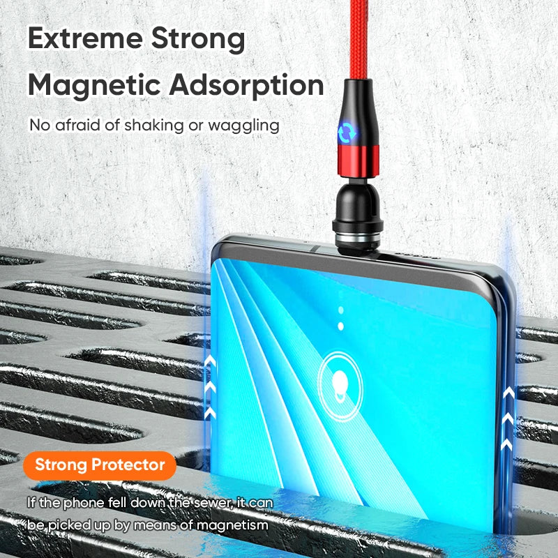3-in-1 Magnetic Charging Cable — Micro USB & Type-C with 540° Rotate LED for Xiaomi, Samsung, Huawei, iPhone