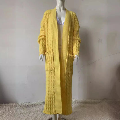 Women’s Long Knit Cardigan with Pockets – Vintage Full Sleeve Thick Autumn Winter Sweater Coat