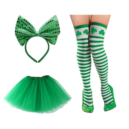 St. Patrick's Day Costume Set - Sequin Bow Headband, Green Tutu & Shamrock Thigh-Highs