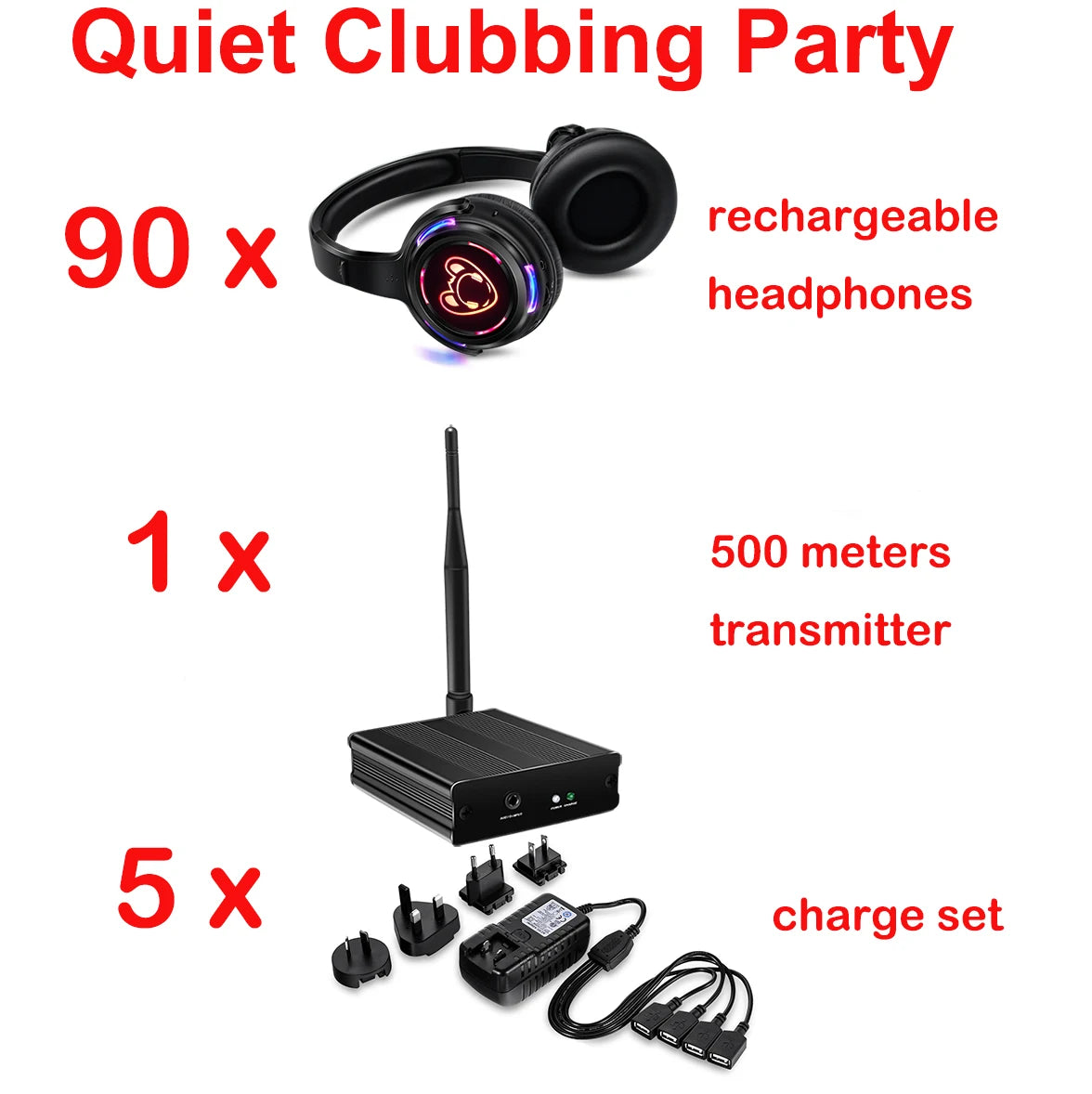 Silent Disco Complete System – Black LED Wireless Headphones Bundle with 5 Headsets & 1/2/3 Transmitters for Quiet Parties