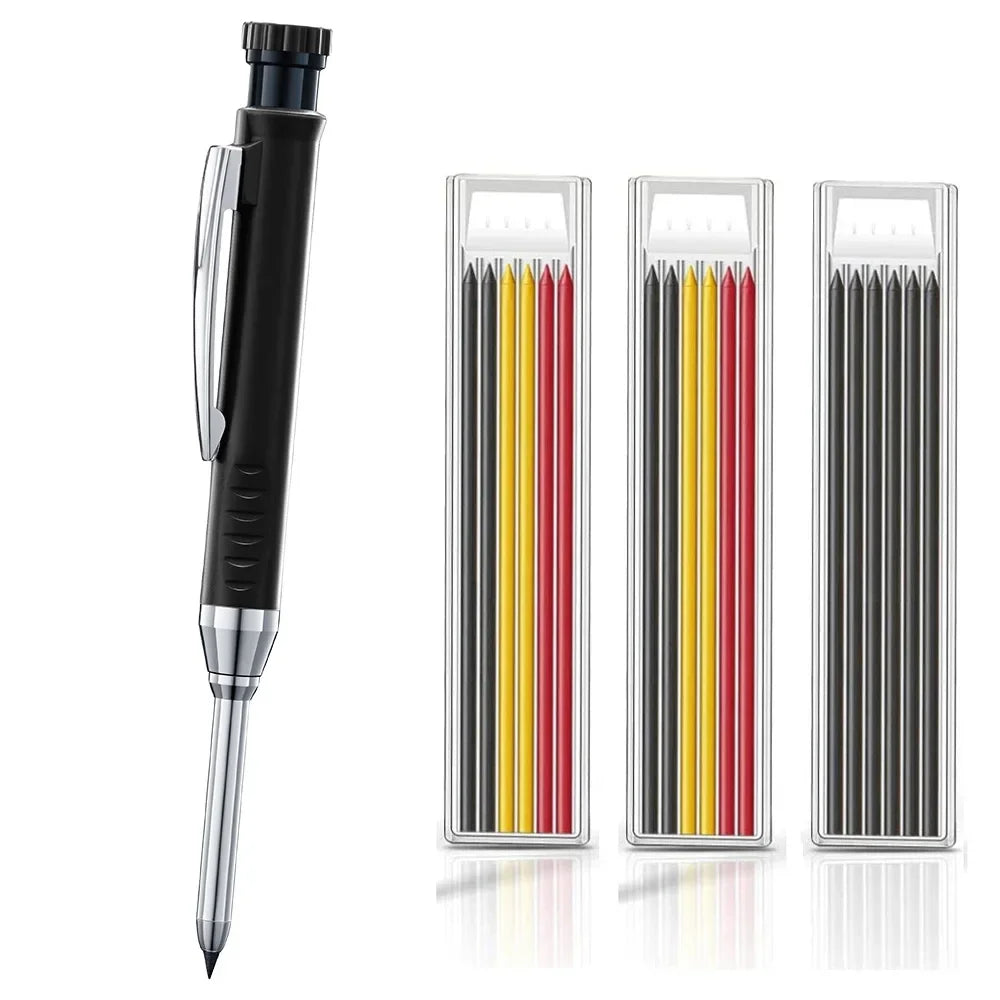 Carpenter Mechanical Pencil Set - 2.8mm Solid Woodworking Pencil With Sharpener & 3 Color Refills For Construction Tools