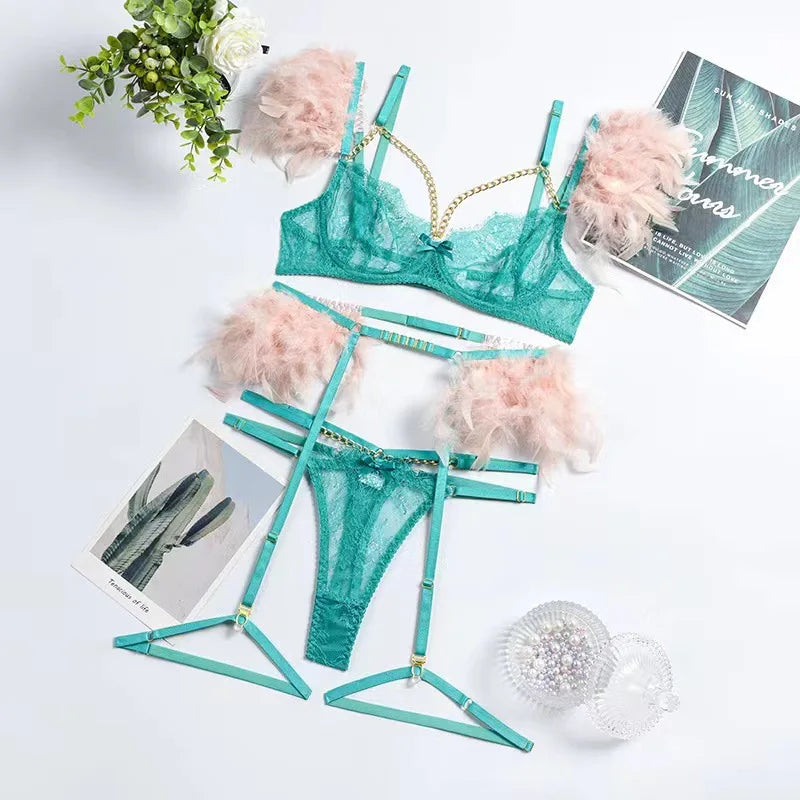 Sexy Lace G-String Lingerie Set - Feather Detail Trikini with Metal Chain and Garter Belt