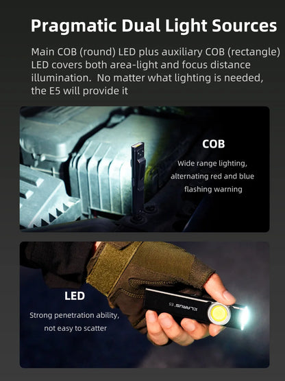 Klarus E5 COB Flashlight – Magnetic Dual Light Torch with 8 Lighting Modes, USB-C Rechargeable EDC Strobe for Emergency Use