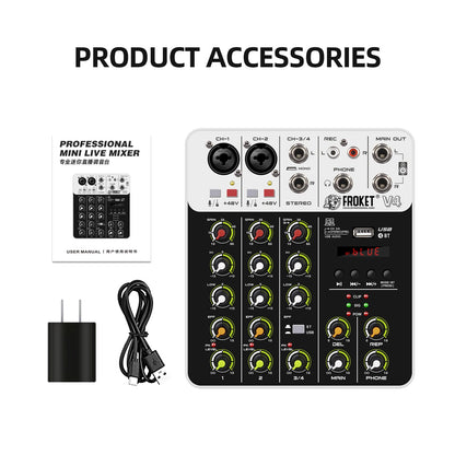 V4 4-Channel Audio Interface Mixer — USB & Bluetooth with 48V Phantom Power, Effects & Recording