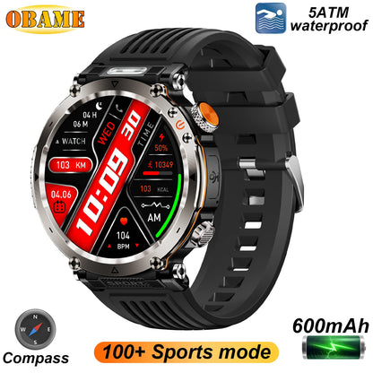 2025 5ATM Outdoor Smartwatch for Men – 600mAh Battery, LED Flashlight, Compass, Bluetooth Call, Heart Rate, IP68 Sports Watch