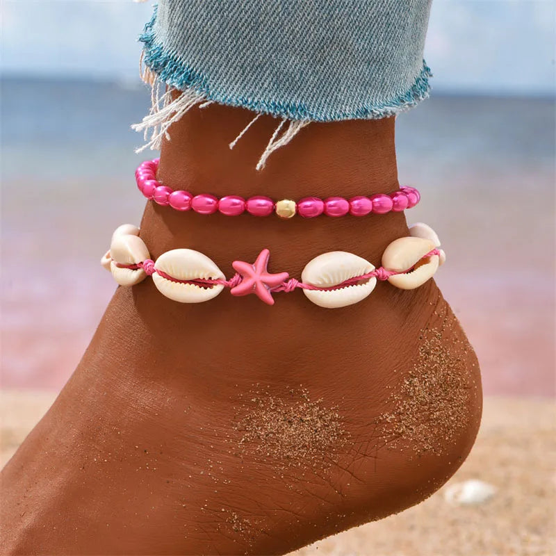 Bohemia Starfish Conch Shell Anklet – Double Heart Beaded Summer Beach Leg Chain Jewelry for Women Barefoot Sandal Accessory