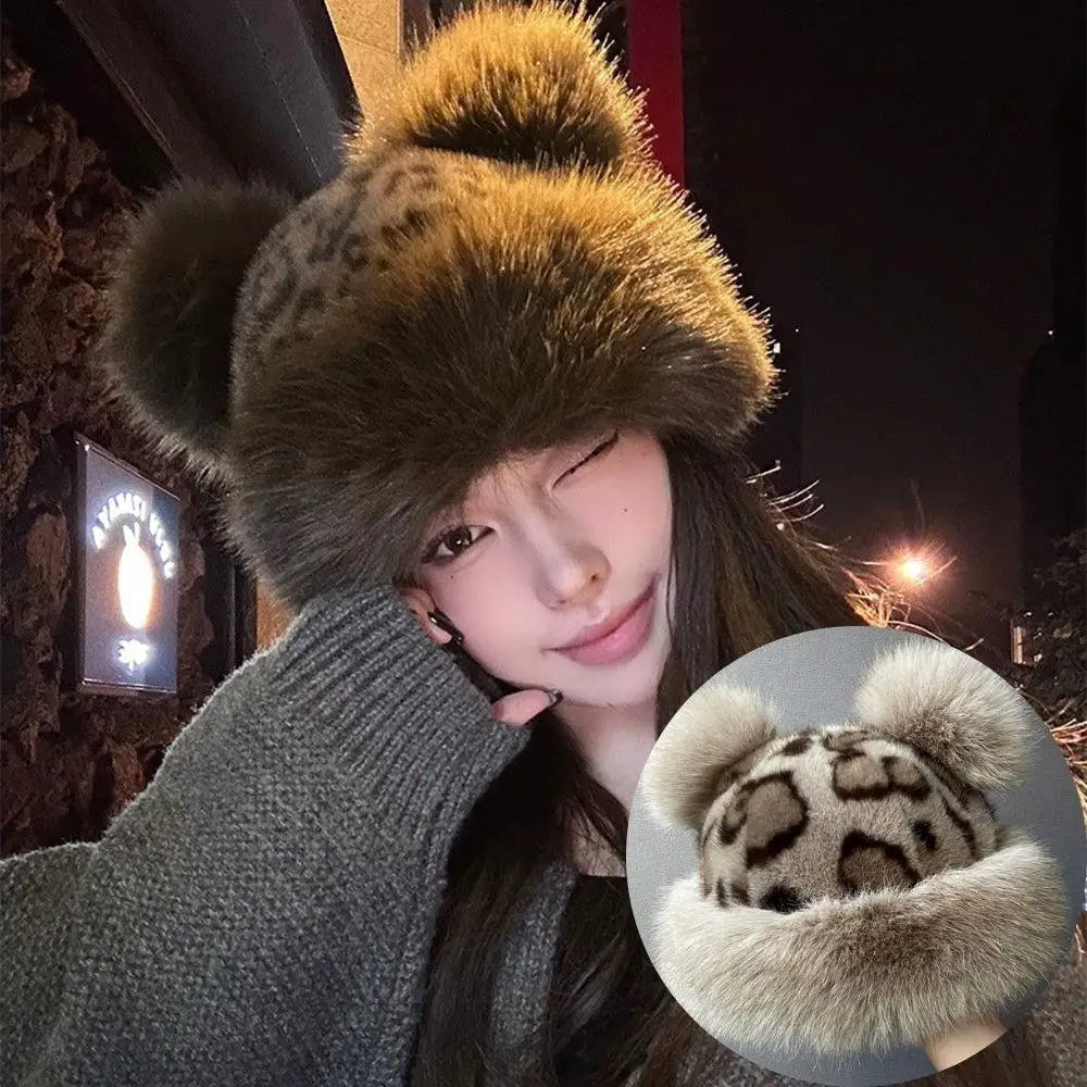 Retro Leopard Print Plush Cat Ear Beanie – Thick Warm Fur Hat for Women, Windproof & Fluffy Winter Snow Cap