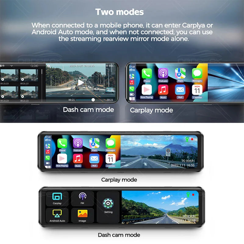 OBDPEAK K4 11.26" Rearview Mirror Dash Cam - 4K 3840x2160P, CarPlay, Android Auto, WIFI, GPS Navigation, Video Recorder