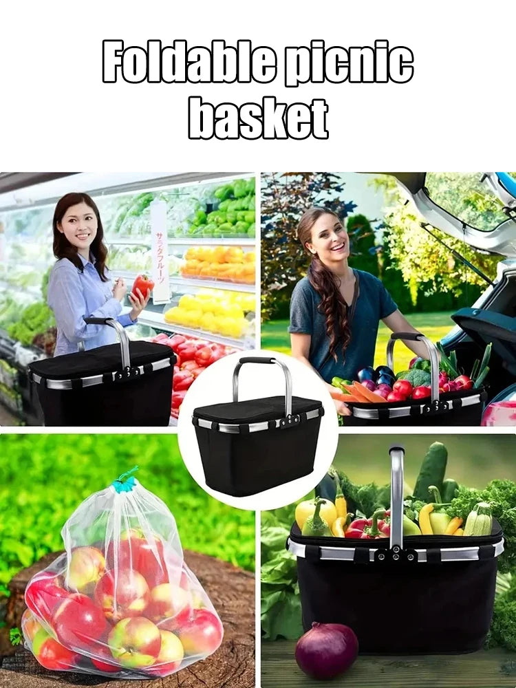Folding Insulated Meal & Shopping Basket — Portable Handheld Cooler Bag for Outdoor Lunch, Ice Pack, and Food Delivery