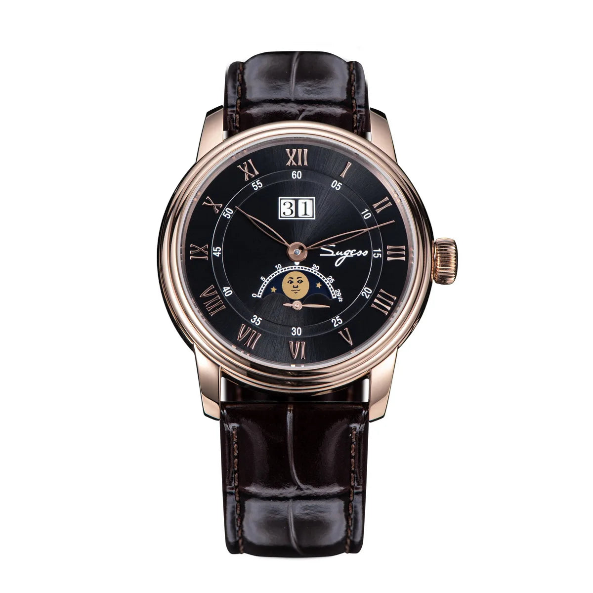 Sugess Moonphase Men’s Automatic Mechanical Watch — 40MM Stainless Steel with Seagull ST2528 Movement and Blue Sandstone Dial