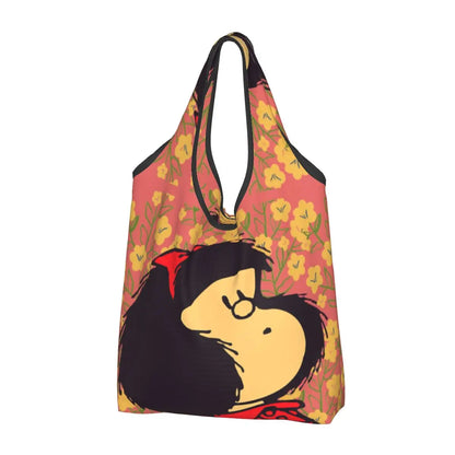 Anime Mafalda Cartoon Grocery Tote Bag – Large Capacity Fashion Shopper Shoulder Handbag, Portable Kawaii Canvas Bag for Everyday Use