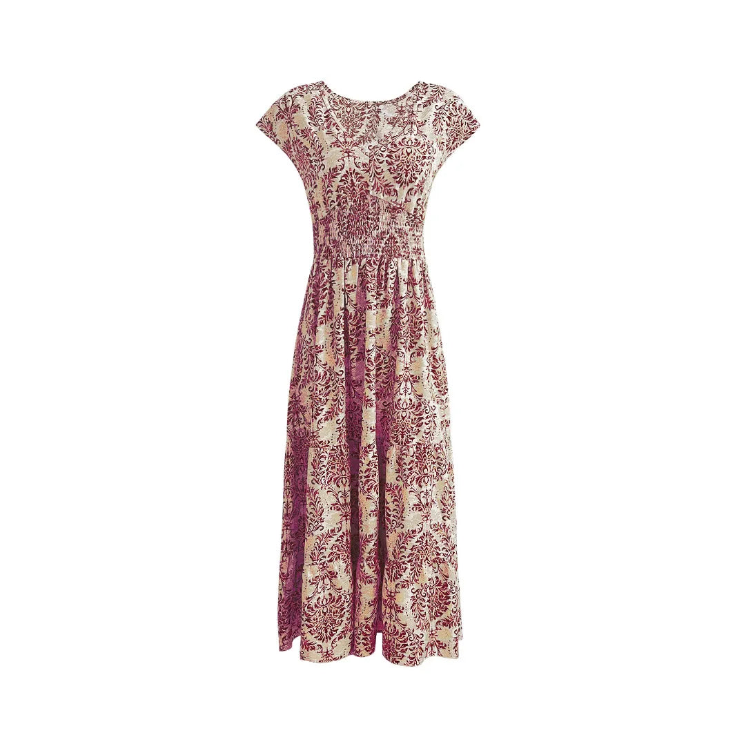 2025 Vintage Printed V-Neck Dress – Elegant Short-Sleeve Jumpsuit with Long Skirt for Women