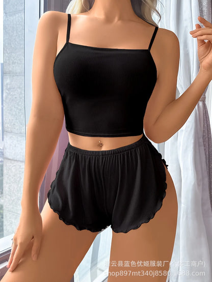 2025 Women’s Slim Fit Top & Shorts Set — Pure Color Cross-Strap Vest with Belly Button Exposure, Comfortable Loungewear