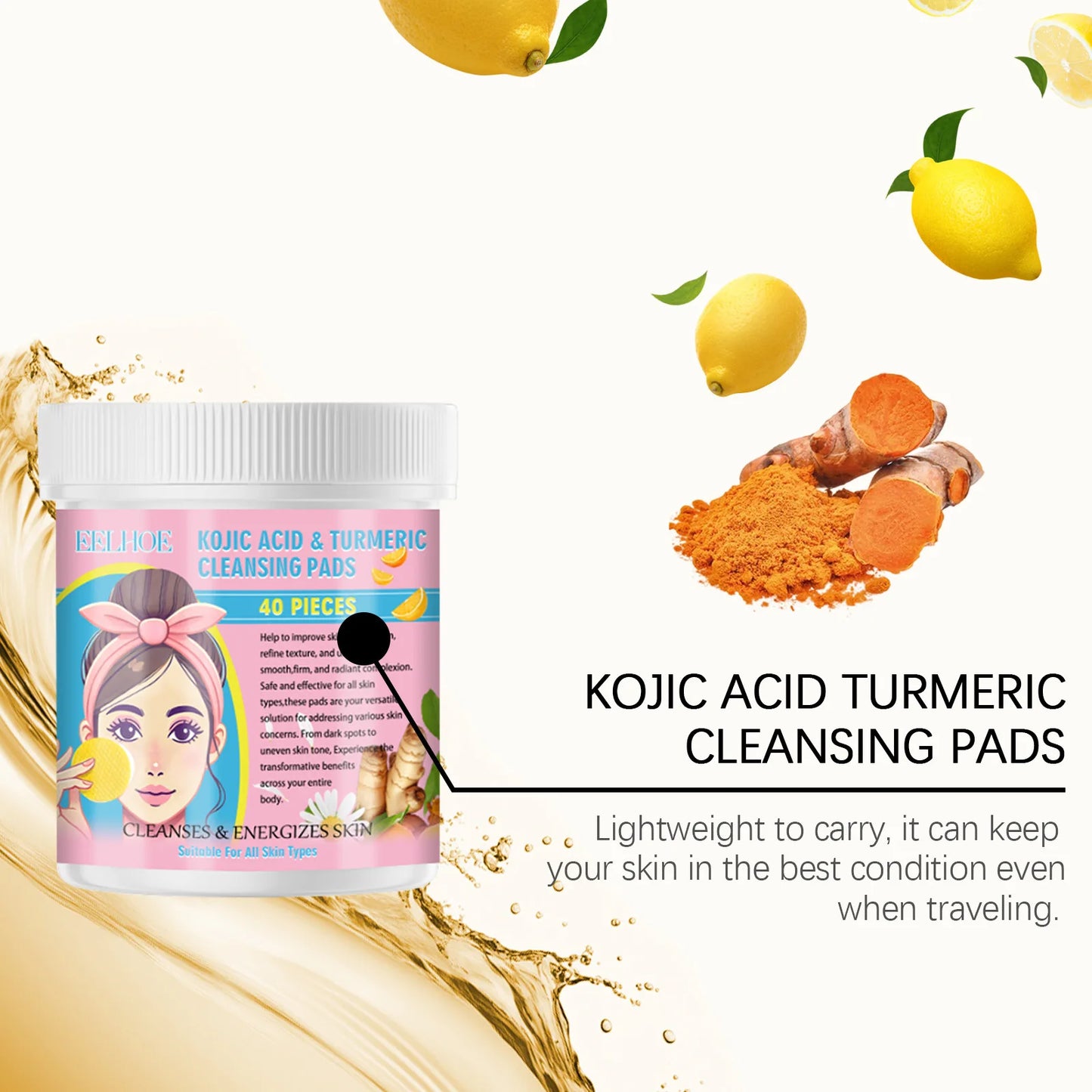 EELHOE Turmeric and Kojic Acid Facial Cleansing Pads - Exfoliating Daily Skin Care for Pores, Dirt Removal, and Moisturizing