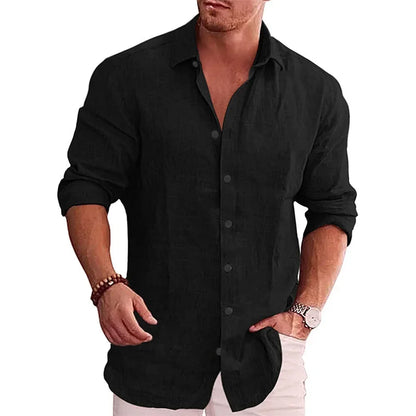 Men’s Cotton Linen Shirt - Long Sleeve Solid Color Casual Plus Size Autumn Top