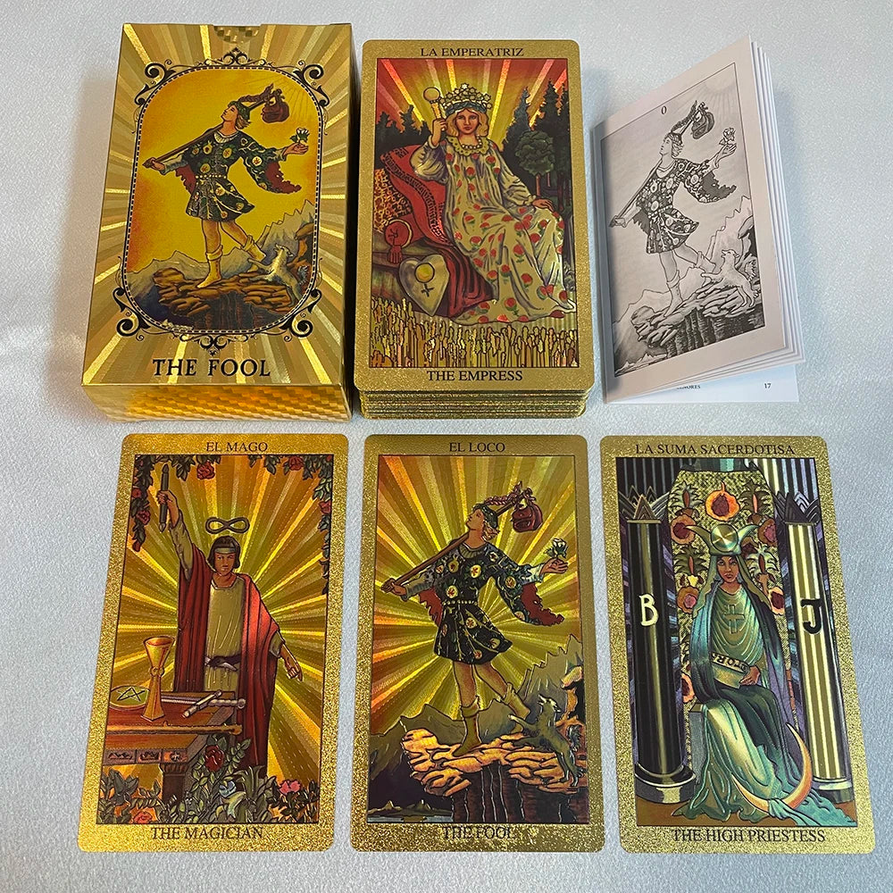 Spanish & English Golden Foil Tarot Cards – 12x7cm Divination Deck for Beginners with 2-Language Guidebook
