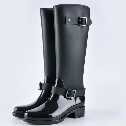 Punk Style Zipper Tall Rain Boots – Women’s Solid Color Outdoor Rubber Water Shoes, Size 36-41