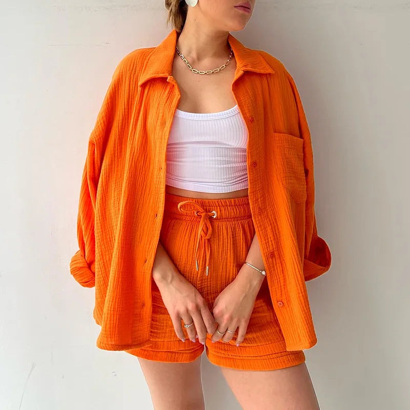 2025 Women’s Summer Two-Piece Set – Solid Color Casual Loose Short Pants & Top Outfit