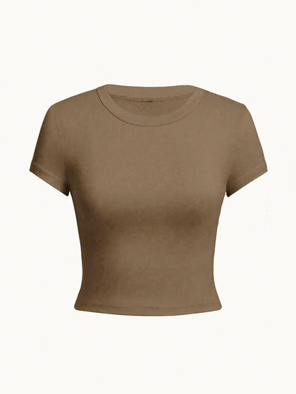 Y2K Women’s Solid Cotton Crop Top – Short Sleeve, High-Elastic O-Neck T-Shirt for Summer Streetwear & Sporty Fashion