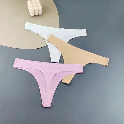 3PCS Ice Silk Seamless Thong Set for Women – Solid Low Rise Sexy G-String Sports Underwear, S-XL Sizes