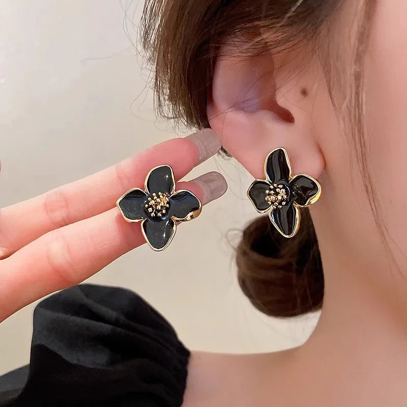 Hibiscus Flower Dropped Glaze Stud Earrings — French Vintage 2024 Fashion Jewelry for Women & Girls, Romantic Wedding Gift