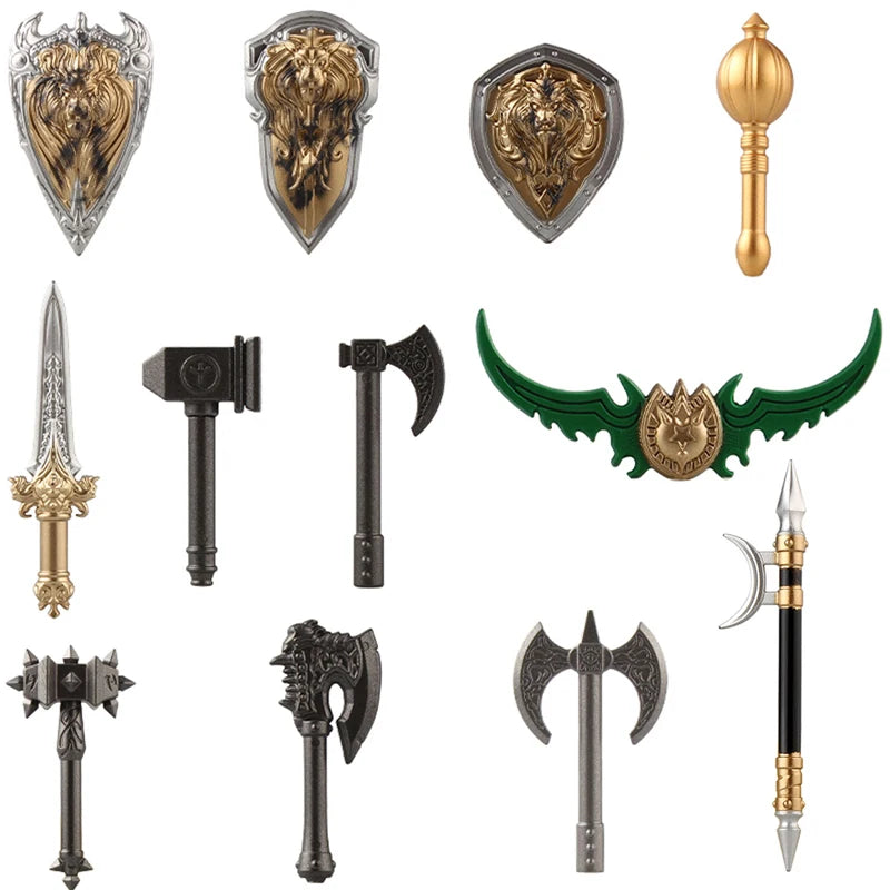 Medieval Figure Weapons Building Blocks Kit – King Sword, Lion Shield, Trident & Double-Edged Axe Battle Toy