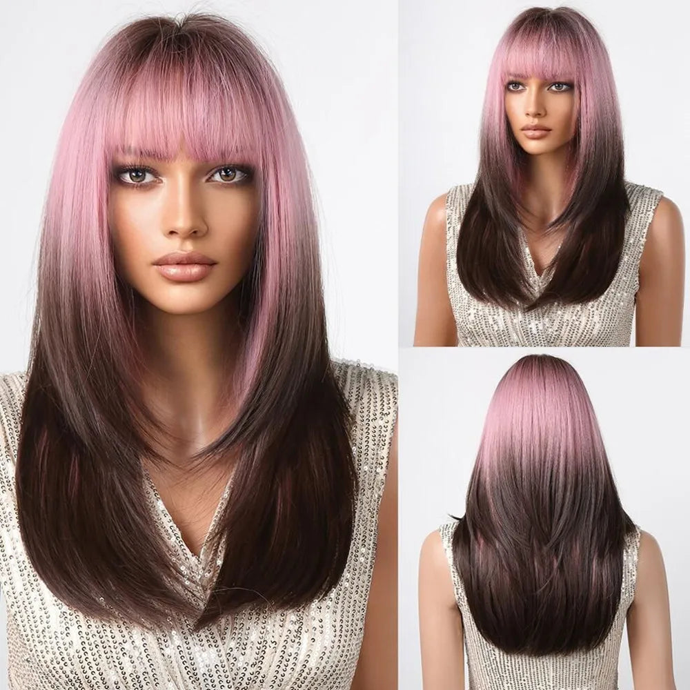 ALAN EATON Blonde Layered Synthetic Wig with Bangs – Long Straight Heat-Resistant Wig for Women & Girls, Natural Daily Hair