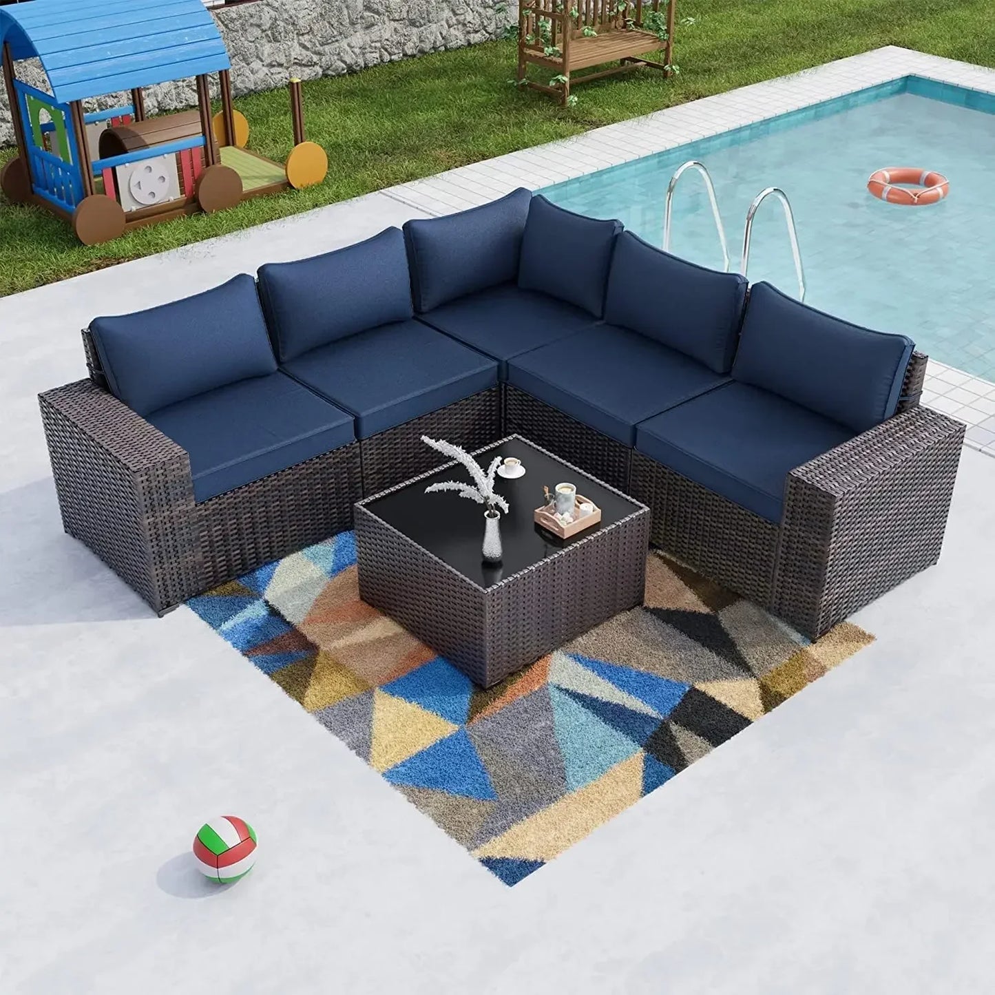 6-Piece Outdoor Patio Furniture Set – PE Wicker Rattan Sectional Sofa with Navy Blue Cushions, Fast Shipping