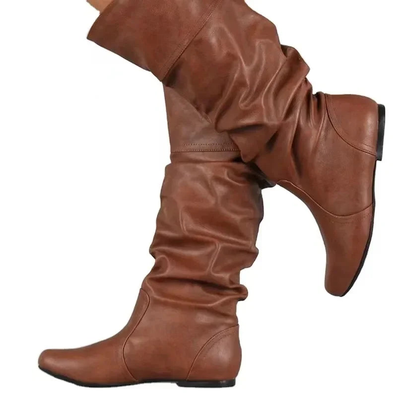 Women’s Mid-Calf Cowboy Boots – Flat Western Style Faux Leather Spring Autumn Shoes 35–43