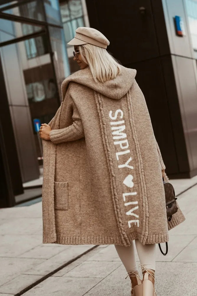 2023 Autumn/Winter Sweater Cardigan – Lapel Hooded Long Knit Coat with Letter Design, Loose Fit for Women