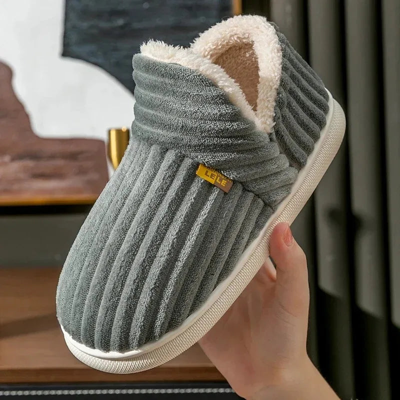 Winter Couple Striped Plush Slippers – Soft Non-Slip Warm Cotton Home Shoes for Men & Women