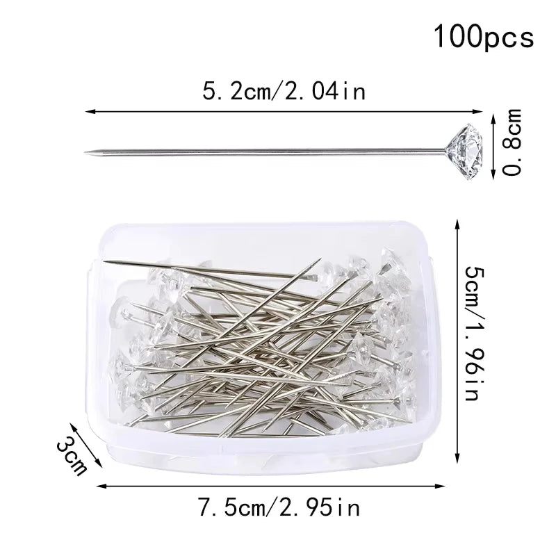 Fenrry 100PCS Diamond Head Pins – Crystal Corsage Sewing Pins, Straight Pins for Dressmaking & Party Decorations with Plastic Box