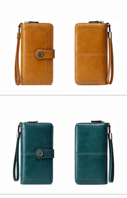 RFID Anti-Theft Retro Large Capacity Women's Wallet – Multi-Card Zipper Wallet with Wrist Strap