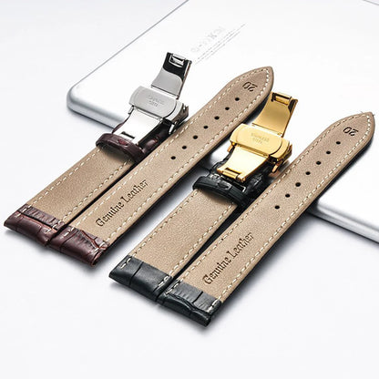 Genuine Leather Watch Strap with Wooden Box – Butterfly Clasp Bracelet 18-24mm Wristband