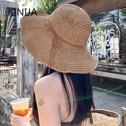 Women’s Holiday Beach Sun Hat – Large Brim Woven Straw Fisherman Hat with Bow, Seaside Sun Protection Panama Chapeau Korean Style
