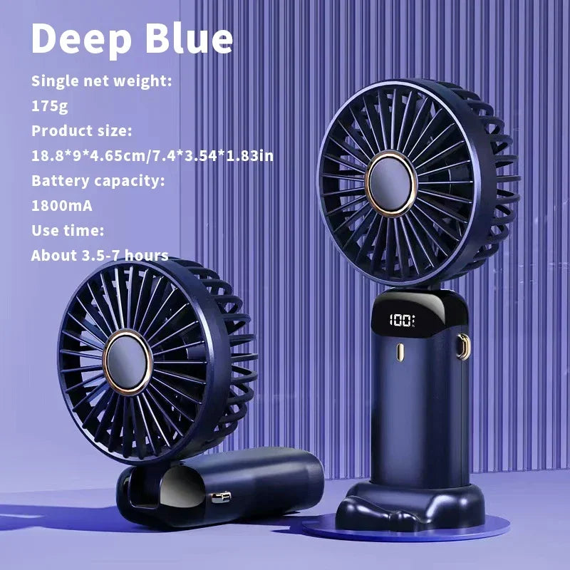 Handheld Mini Fan – 3000mAh Foldable Portable Desk & Neck Hanging Fan with 5 Speeds, USB Rechargeable & Phone Stand Display