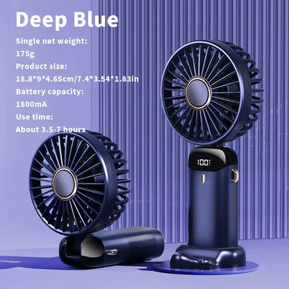 Handheld Mini Fan – 3000mAh Foldable Portable Desk & Neck Hanging Fan with 5 Speeds, USB Rechargeable & Phone Stand Display