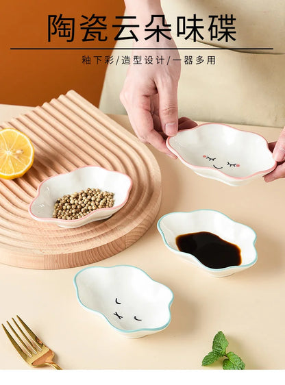Ceramic Cute Cloud Dipping Sauce Dish — Hot Pot Seasoning Bowl, Soy Vinegar Plate, Salad & Dessert Tableware for Kitchen