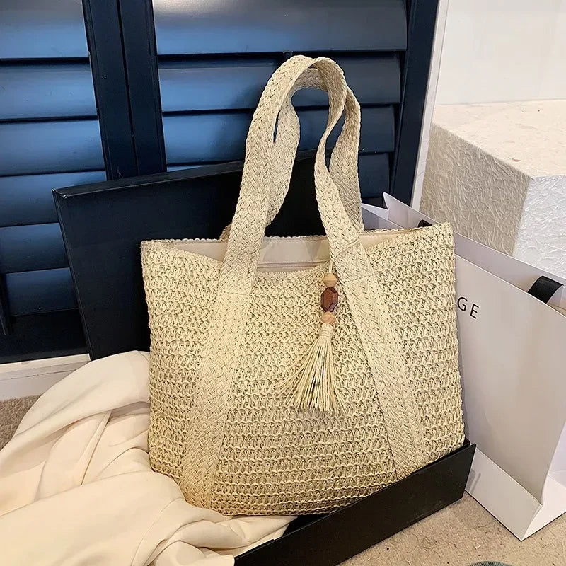 Elegant Straw Woven Handbag – Women’s Retro Beach & Casual Tote Top-Handle Shoulder Bag 2024
