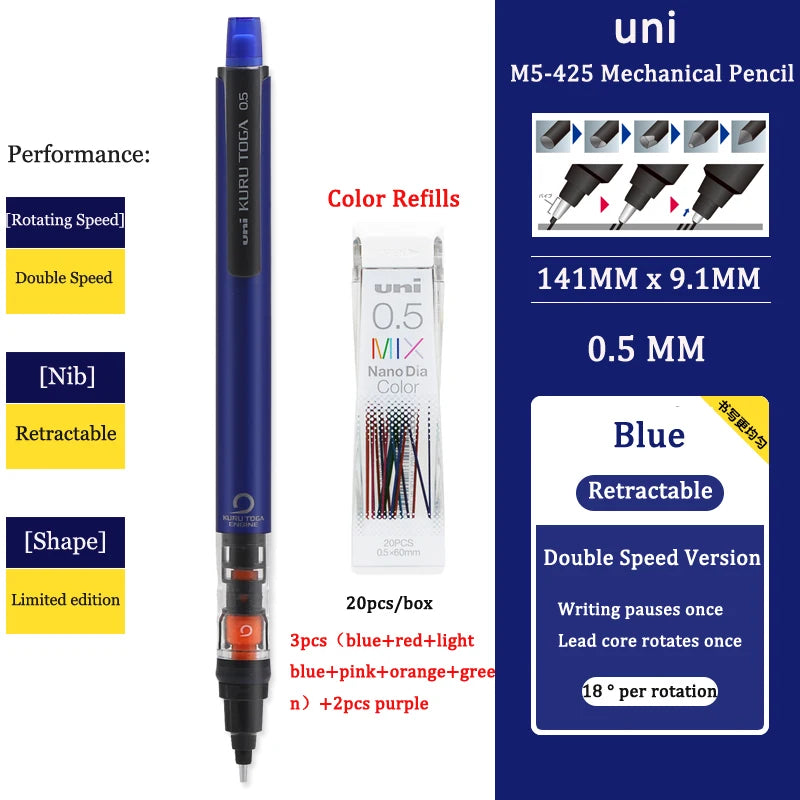 UNIStationery Automatic Mechanical Pencil — 0.5mm Anti-Slip Grip, Rotating Refillable Pen with Anti-Break Core