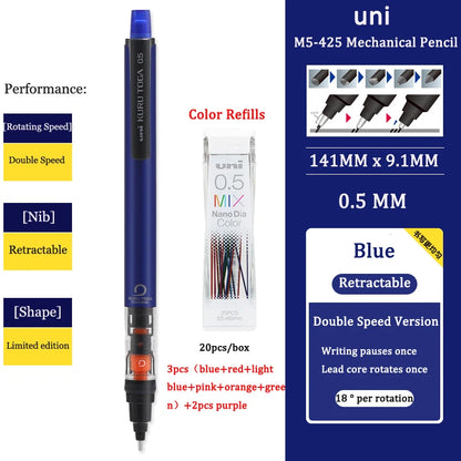 UNIStationery Automatic Mechanical Pencil — 0.5mm Anti-Slip Grip, Rotating Refillable Pen with Anti-Break Core