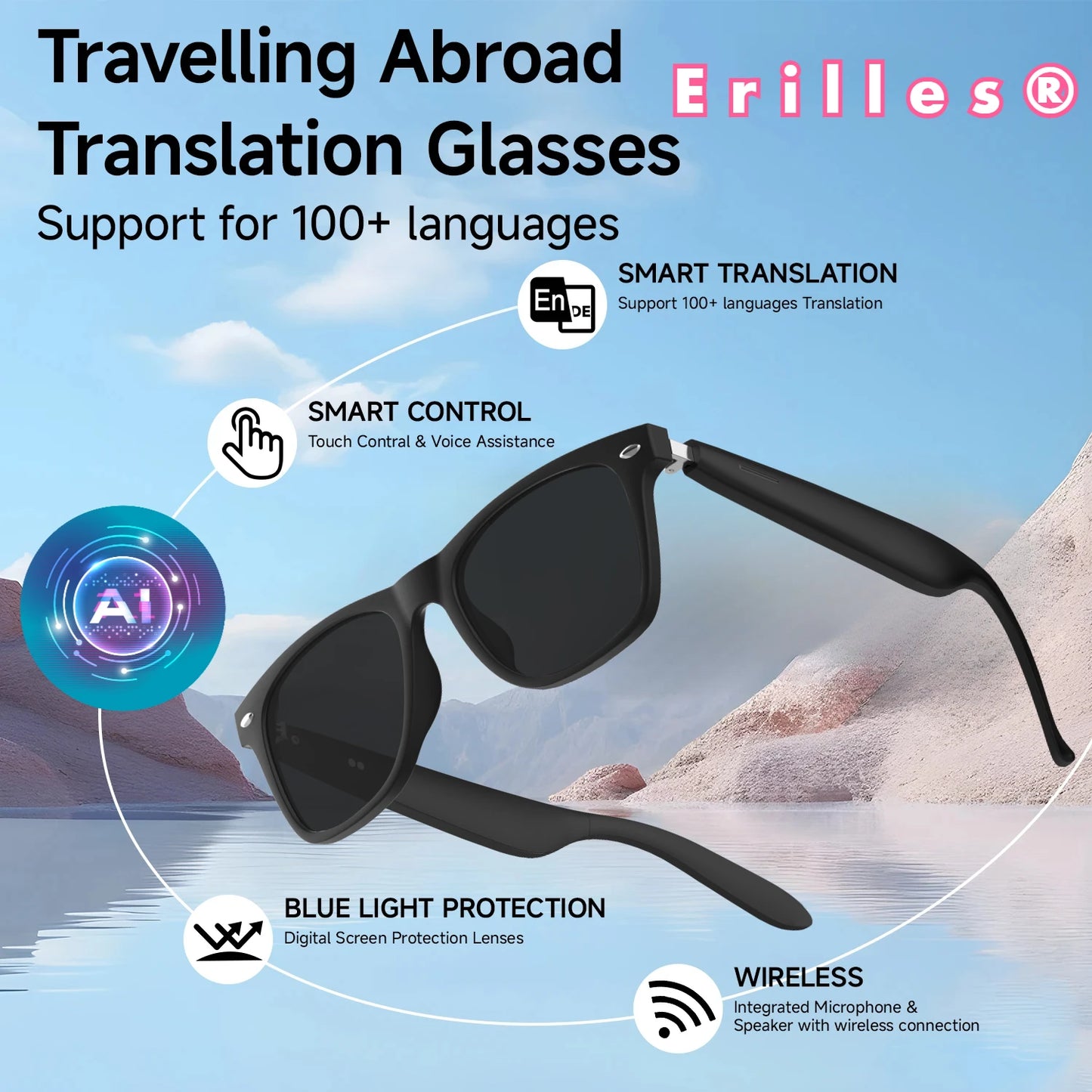 2025 AI Translation Smart Glasses – Bluetooth Call Headphones with UV Protective Lenses for Outdoor Sports