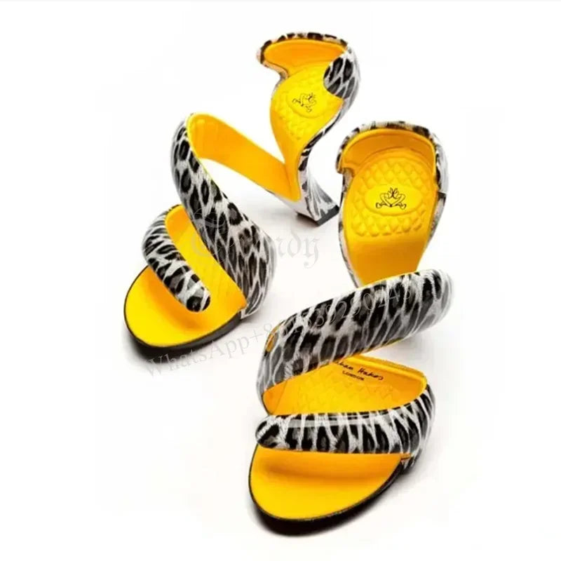 Women's Blue Snake Gladiator Sandals - Patent Mixed-Color Ribbon Design Slip-On High Heel Shoes