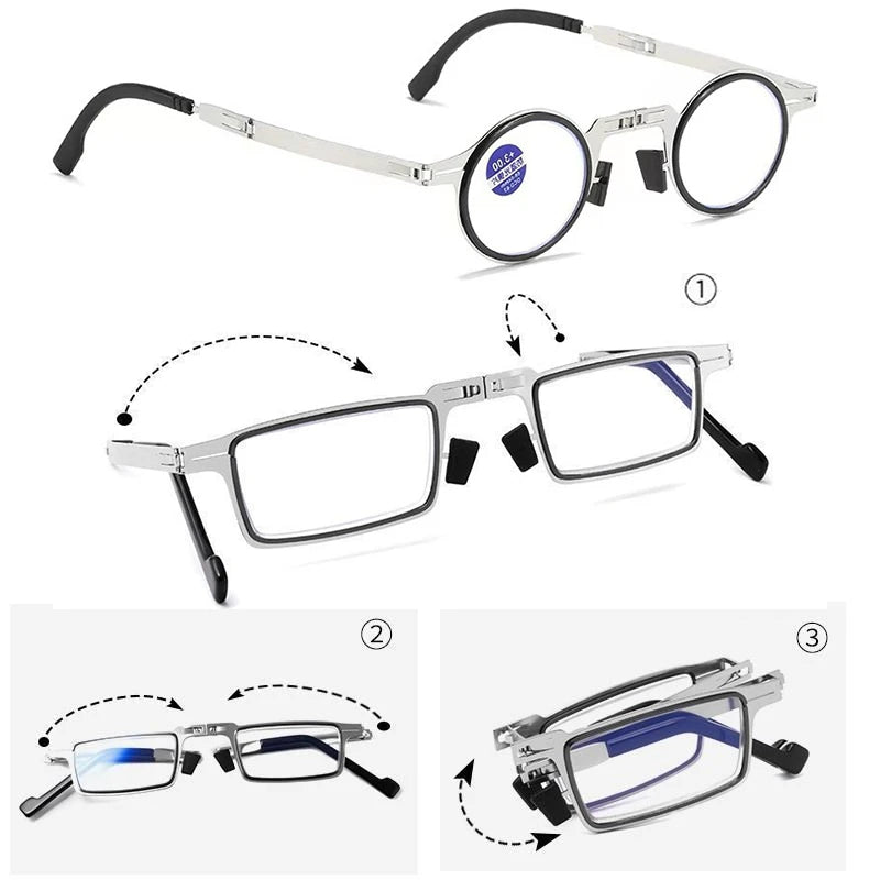 Unisex Folding Reading Glasses – Full Metal Frame, Transparent Lenses, Anti-Blue Light with Case